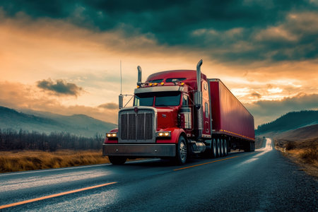 A large red truck drives along a winding highway with beautiful mountain views and an orange sky as the sun sets in the background.の素材