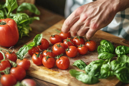 A hand carefully arranges fresh tomatoes and fragrant basil leaves on a wooden cutting board, highlighting vibrant colors and textures.の素材