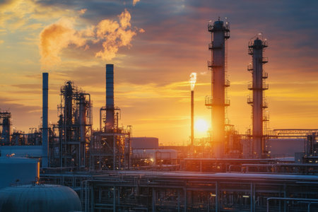 Bright flames emerge from smokestacks at an industrial complex as the sun sets, casting warm hues across the evening sky.の素材