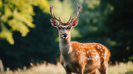 A deer with impressive antlers grazes in a vibrant meadow, surrounded by tall grass and dense forest under a clear blue sky.の素材