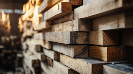 Planks of various sizes are neatly stacked in a warehouse, illuminated by warm afternoon light streaming through the windows.の素材
