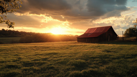 Warm sunlight sets over a tranquil field, highlighting a rustic barn while colorful clouds drift across the evening sky.の素材