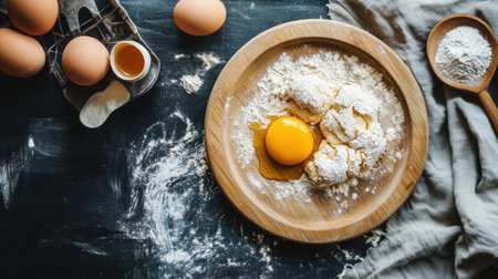 Fresh eggs and flour are combined on a wooden board, ready for baking in a warm kitchen filled with natural light.の素材