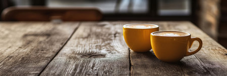 Enjoying two warm cups of coffee surrounded by a rustic atmosphere with sunlight filtering through the window in the afternoon.の素材