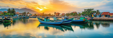 Fishing boats float peacefully in clear water as a vibrant sunset paints the sky, creating a pictures harborque landscape.の素材