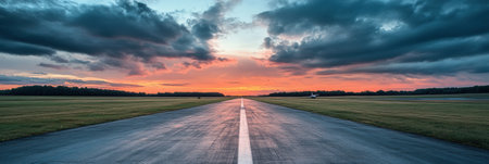 A colorful sunset casts warm hues over a long airport runway, while dark clouds add contrast to the serene landscape.の素材