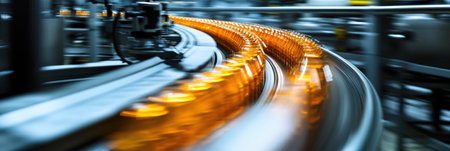 Amber glass bottles move swiftly along the twisting conveyor belt in a busy manufacturing plant during daylight hours.の素材