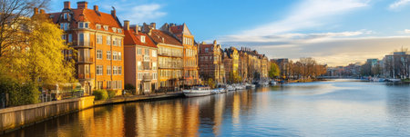A tranquil canal in Amsterdam reflects historic buildings as the sun sets behind the city, creating a warm and inviting atmosphere.の素材