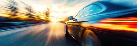 A sleek car races down a highway at sunset, with vibrant colors in the sky and blurred lights conveying high speed.の素材