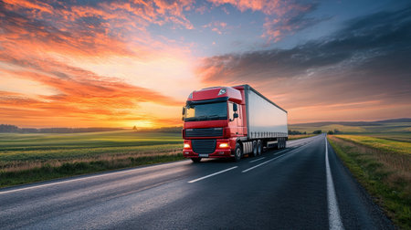 A red truck travels along a smooth highway surrounded by fields as the sun sets, casting vibrant colors across the sky.の素材