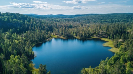 A peaceful lake reflects the sky, bordered by vibrant trees and rolling hills in a natural setting during the daytime.の素材