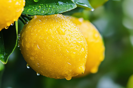 Lush lemon tree branches display ripe, yellow lemons covered in glistening water droplets, showcasing a refreshing natural beauty.の素材