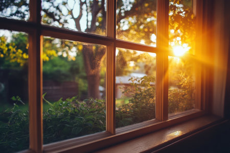 Warm sunlight filters through a window, illuminating lush greenery outside as day transitions to evening in a serene setting.の素材