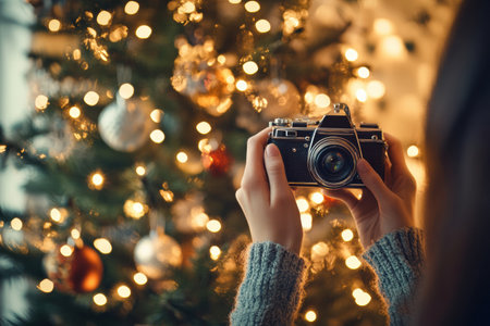 A person holding a vintage camera prepares to take a photo in front of a sparkling Christmas tree adorned with ornaments and lights.の素材