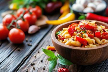 A vibrant pasta salad filled with tomatoes, bell peppers, and herbs is beautifully presented in a wooden bowl on a rustic table.の素材