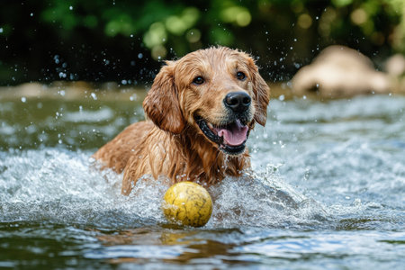 A golden retriever splashes through clear water, happily fetching a yellow ball on a warm summer afternoon in nature.の素材
