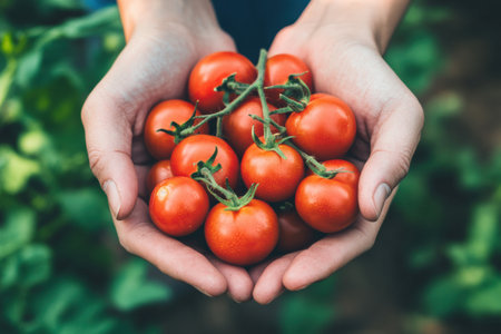 A pair of hands cradles a bunch of vibrant red tomatoes, showing a successful garden harvest surrounded by leaves.の素材