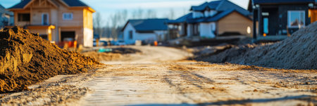 Sand and dirt surround the path as homes are being built in a suburban area at sunset, showing a growing community.の素材