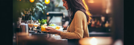 A woman smiles while serving a refreshing glass of juice in a charming, warmly lit cafe filled with plants and delicious food.の素材