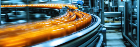 A busy factory operates with a conveyor belt transporting orange containers at high speed. The setting exudes efficiency and productivity.の素材