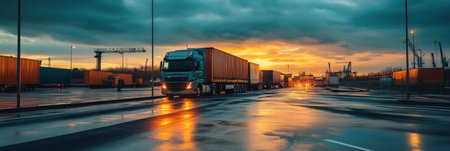A cargo truck moves slowly through a port, surrounded by containers and illuminated by the warm glow of the sunset reflecting on wet pavement.の素材