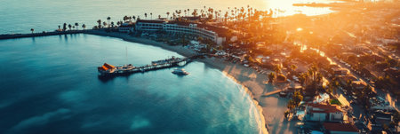 Sunlight glimmers on the tranquil waters as a resort stands along the shore with palm trees and boats in view during evening hours.の素材