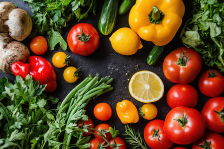 Bright red tomatoes, green peppers, and fresh herbs are beautifully arranged on a kitchen counter, ready for cooking a delicious dish.の素材