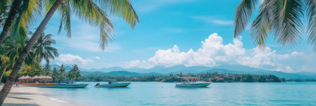Lush green palm trees frame the tranquil beach where boats rest in calm waters beneath a bright blue sky, inviting relaxation and adventure.の素材