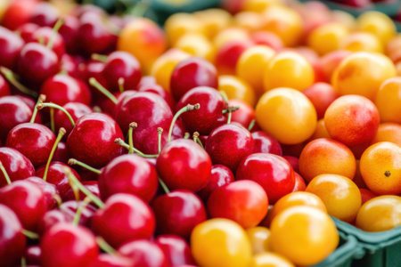 Rich colors of red cherries and yellow fruits fill baskets at a bustling market, showing the harvest during summers peak.の素材