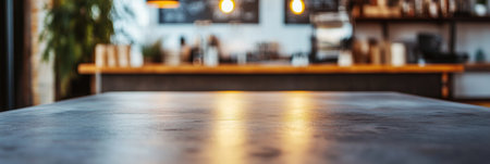 A polished table sits in a cozy coffee shop, beautifully adorned with warm light fixtures. Freshly brewed coffee and pastries are nearby.の素材