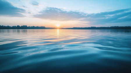 Warm summer evening showcases sunset colors reflecting on the calm surface of the lake with gentle ripples and vibrant skies.の素材