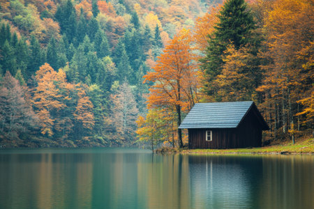 A quaint wooden cabin rests peacefully by a calm lake, framed by vibrant autumn trees reflecting on the water surface.の素材