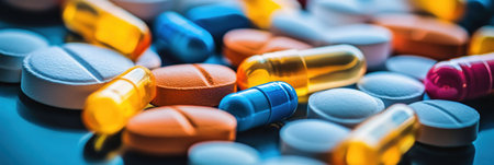 Various shapes and colors of tablets and capsules are arranged on a shiny surface, highlighting the diversity in dietary supplements and medications.の素材