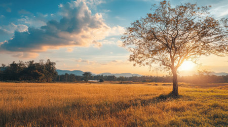Golden grasses sway gently in the warm breeze as the sun sets behind mountains, casting a peaceful glow over the landscape.の素材
