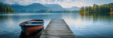 A tranquil lake reflects the soft morning light as a wooden boat is tied to a weathered dock with mountains in the background.の素材