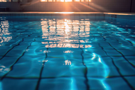 Sunlight filters through windows, creating a warm glow on the calm surface of a swimming pool, inviting relaxation during evening hours.の素材