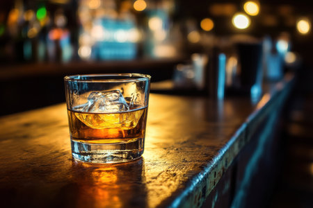 A glass of whiskey with ice rests on a polished bar counter, surrounded by blurred warm lights, creating a cozy atmosphere in the evening.の素材