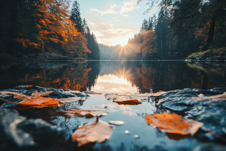 Golden sunlight breaks through trees at dawn, reflecting on a tranquil lake covered with colorful autumn leaves along the shore.の素材