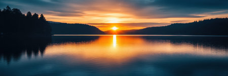 Warm hues of orange and red fill the sky as the sun sets over the calm lake, creating a peaceful and picturesque landscape.の素材