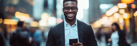 A man with glasses happily uses his smartphone while walking through a bustling city street, illuminated by colorful lights as night falls.の素材