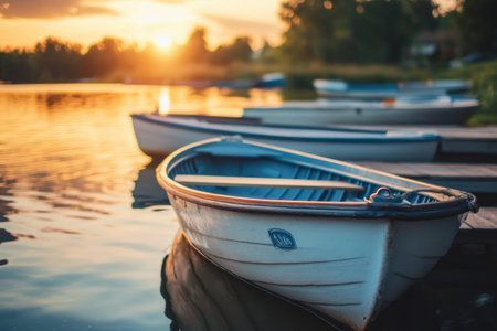 Soft sunlight reflects on the water as boats rest peacefully at the dock during a tranquil evening by the lake.の素材