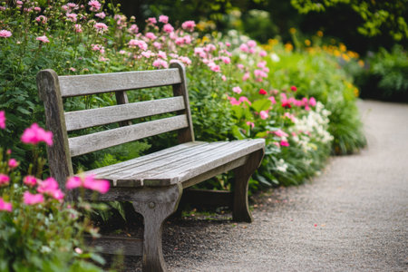 A rustic wooden bench is positioned along a pathway, bordered by vibrant blooming flowers in a calm garden during daylight hours.の素材