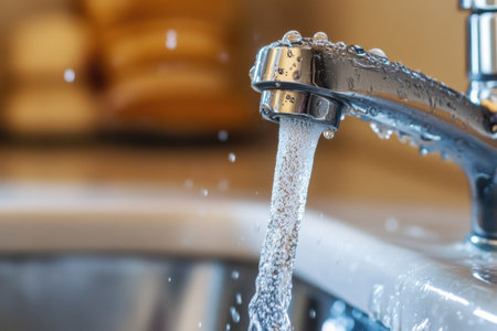 Clear water streams from a modern kitchen faucet into a polished stainless steel sink, highlighting cleanliness and freshness in the kitchen.の素材
