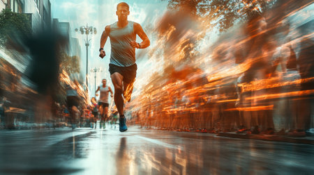 Runner looks fatigued at the beginning but transforms into a powerful competitor, embodying triumph in a high energy finish after the race.の素材