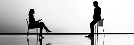 Two individuals engage in a thoughtful conversation in silhouette format, showcasing a professional atmosphere with reflections on the floor.の素材