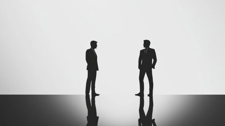 Two individuals dressed in formal attire stand facing each other, engaged in conversation against a simple backdrop.の素材