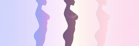 A sleek silhouette of a woman stands against a gradient background, highlighting the waistline with elegance and simplicity while conveying grace.の素材