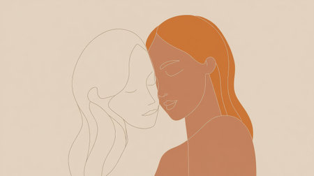 A minimalist illustration captures two individuals sharing a heartfelt hug, symbolizing deep affection and closeness in a soft, warm setting.の素材