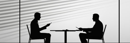 Two individuals sit at a table with their phones, engaged in a serious discussion under soft light patterns from nearby blinds.の素材