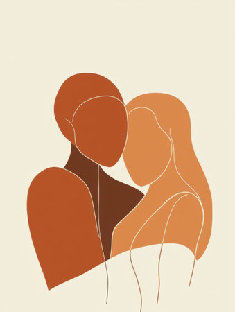 Two figures are depicted in a warm embrace, showcasing unity through simple lines and earthy tones against a light background.の素材